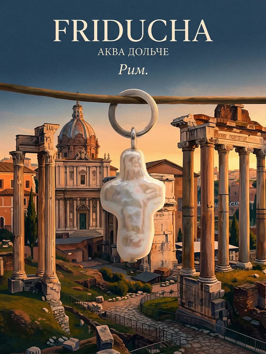 Подвеска «Рим», крест с барочным жемчугом, родий