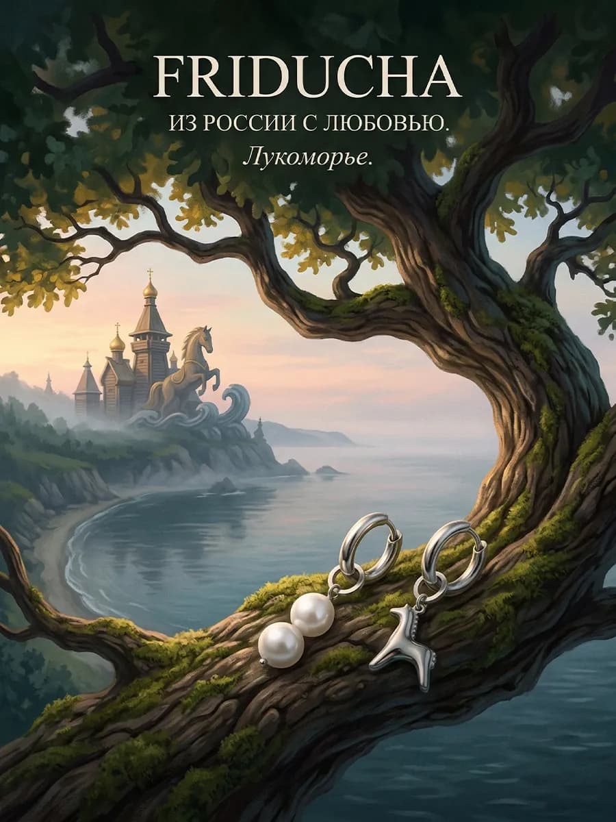 Серьги-конго «Лукоморье» со съёмными подвесками, родий