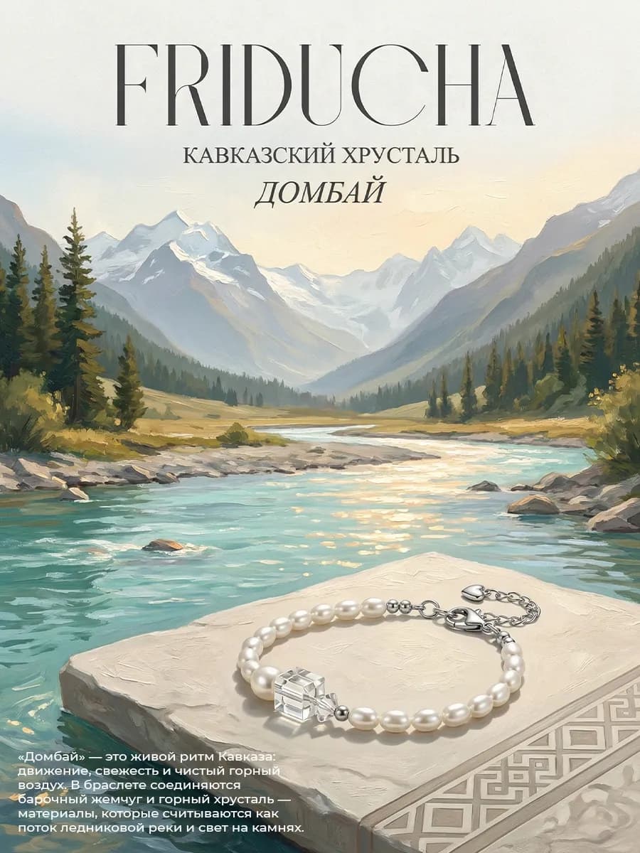 Браслет «Домбай», жемчужно-серый, родий