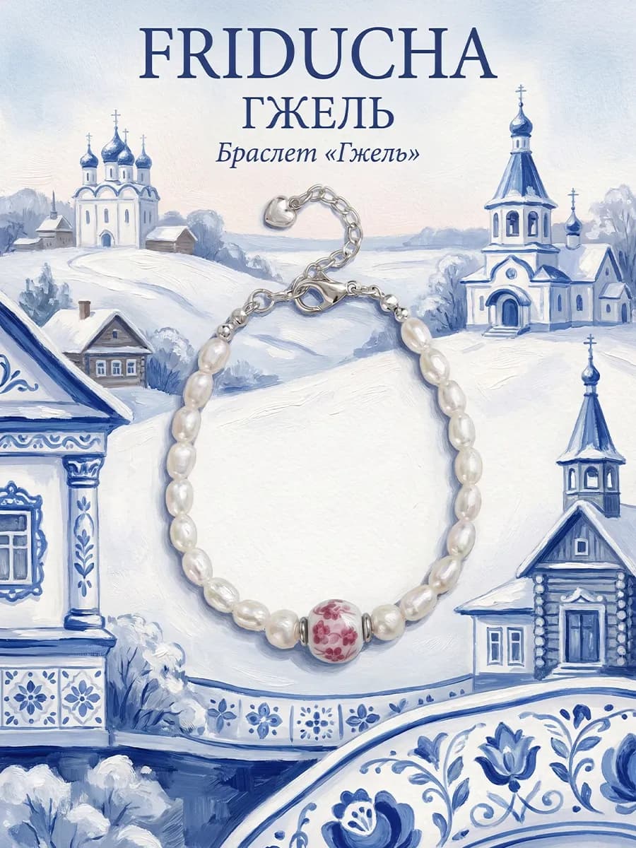 Браслет «Гжель» с розовой бусиной и жемчугом, родий